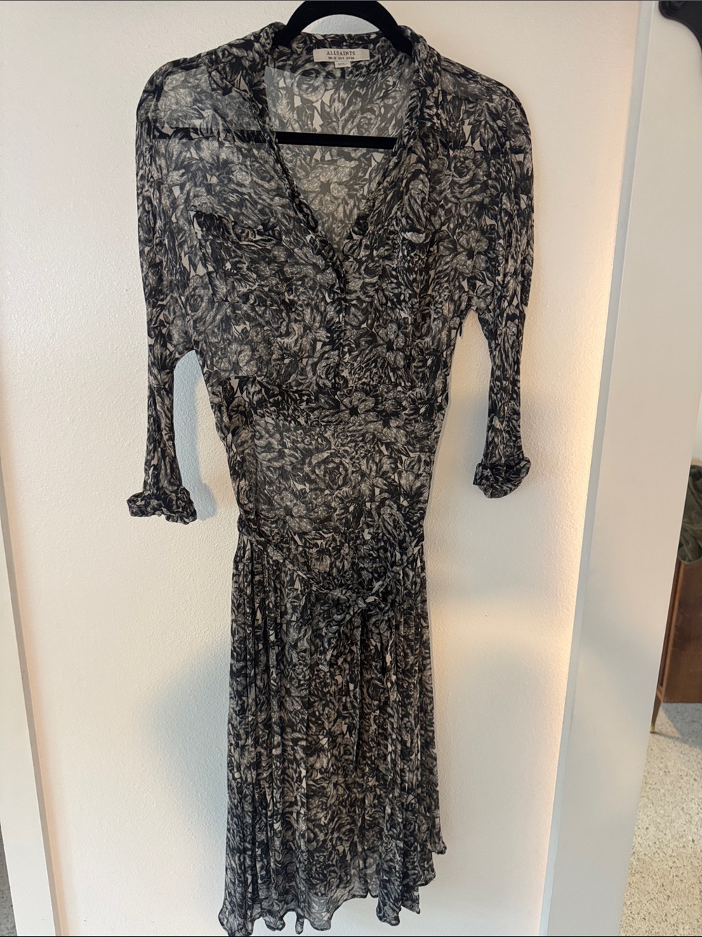 All Saints Black and Gray Floral Wrap Dress